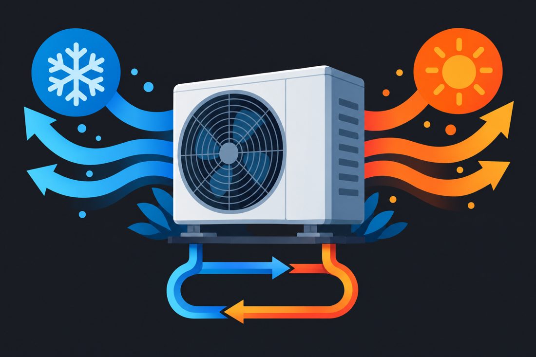 Illustration of a heat pump with arrows for heating and cooling for a Boynton Beach, FL home