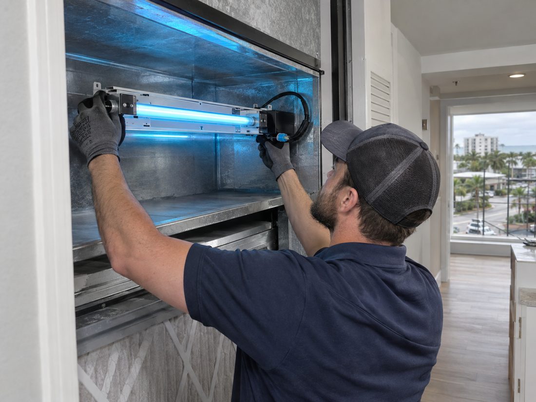A UV light being installed in a return plenum inside a renovated townhouse near a downtown street in Delray Beach, FL