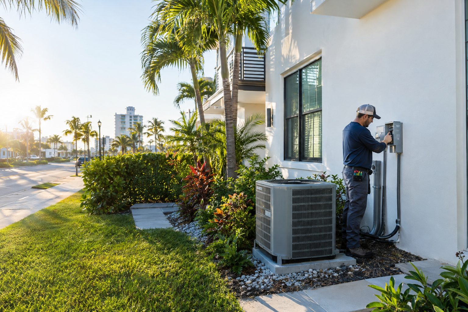 A technician checking a disconnect box beside the AC unit at a renovated townhouse near a downtown street in Delray Beach, FL