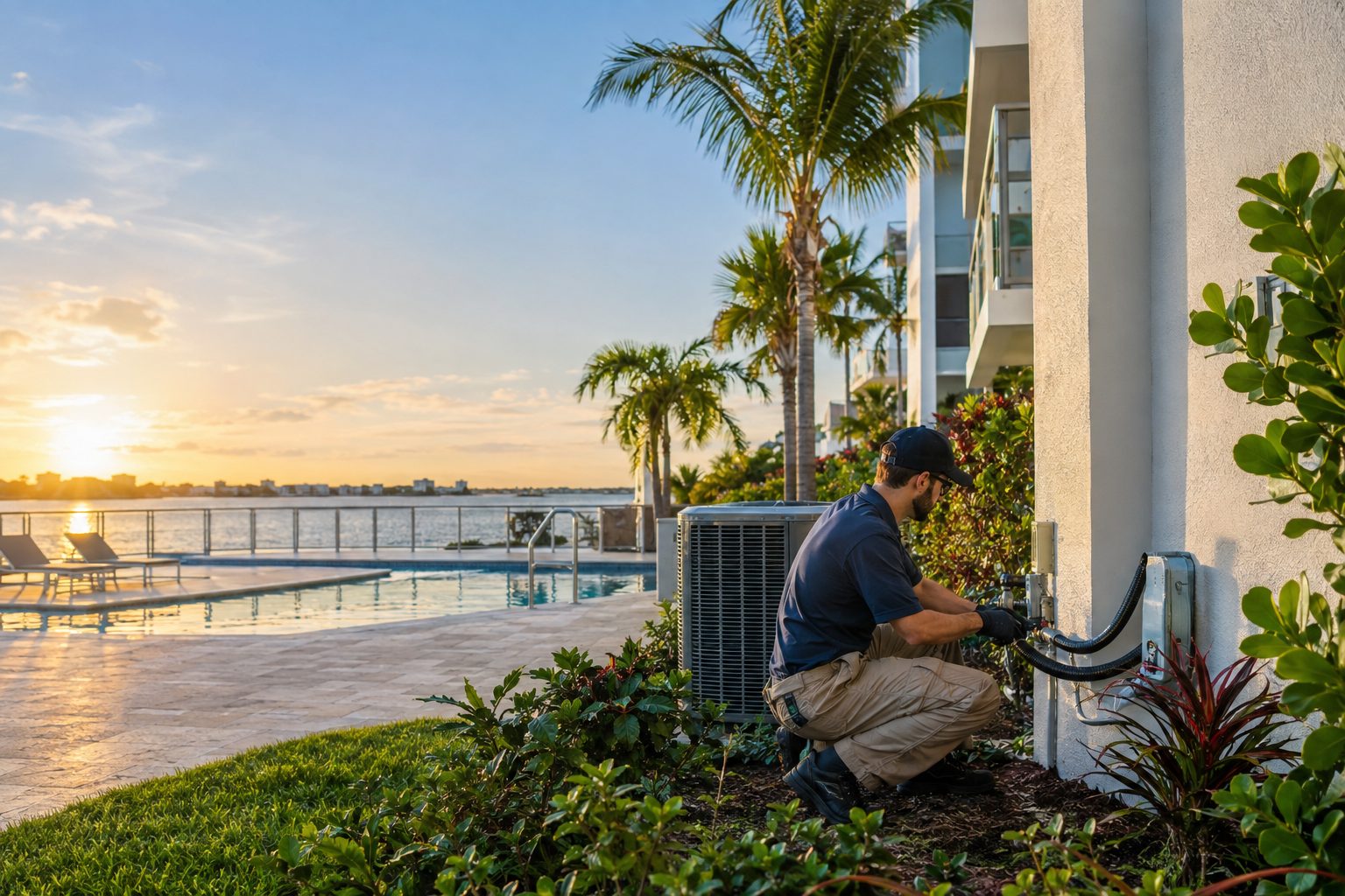 A tech examining the line set where it enters the wall at a waterfront condo building with a pool deck in Hypoluxo, FL