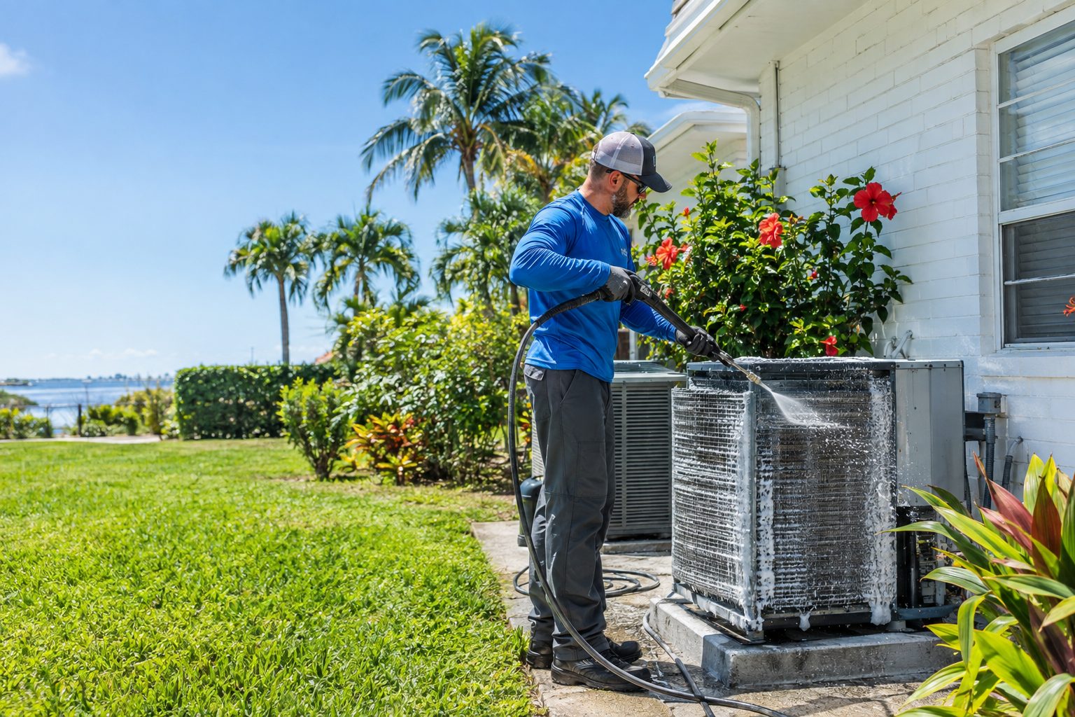 A tech hosing off salt-crusted condenser coils at a 1950s duplex with a white brick wall and hibiscus in Lake Worth Beach, FL