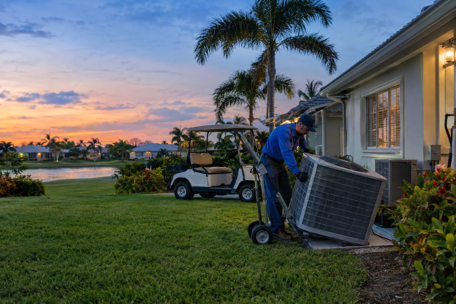 An installer lowering a condenser off a hand truck at a single-story retirement-community villa with a golf cart in Leisureville, FL
