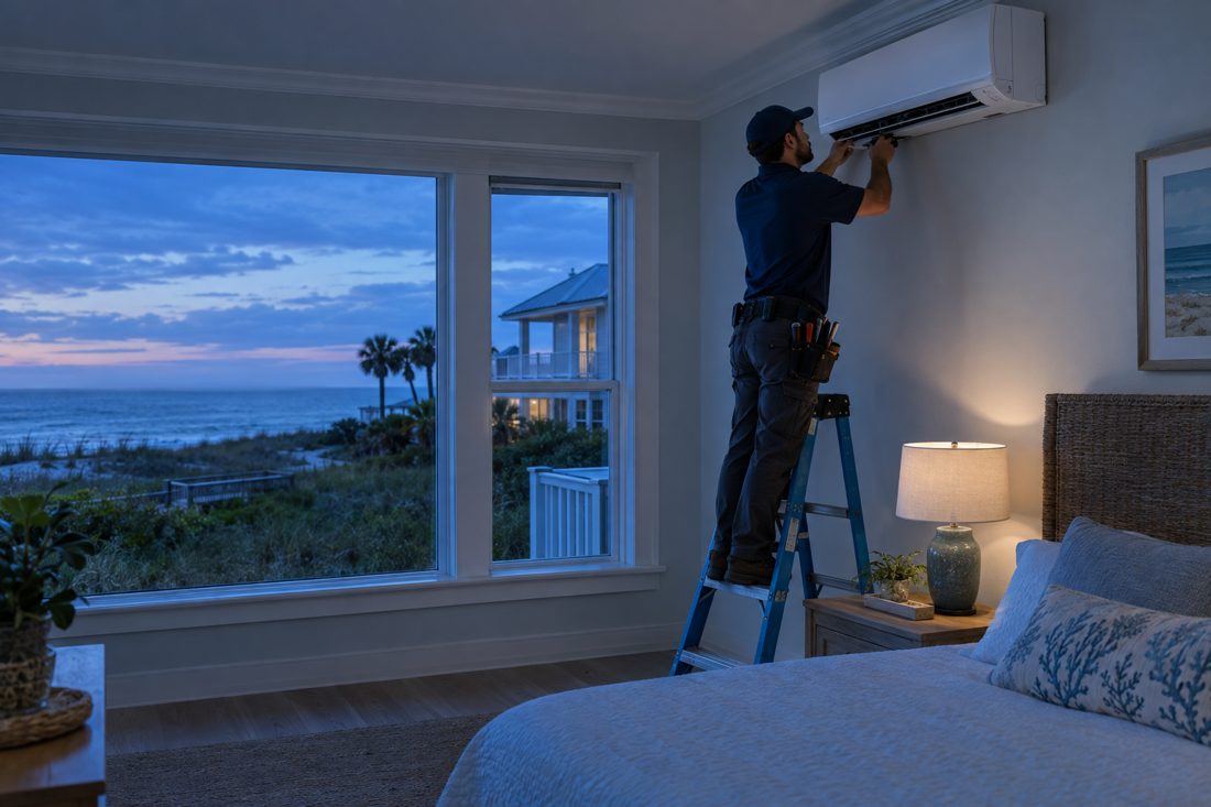 A mini-split head mounted high on a bedroom wall inside a beachside two-story home with dune grass in Ocean Ridge, FL